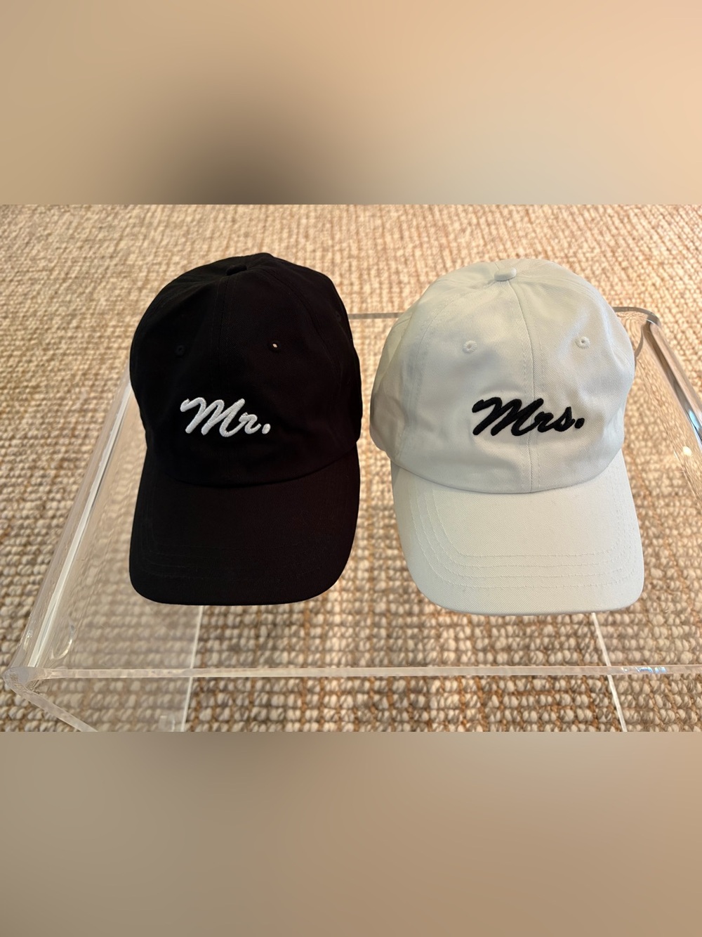 Mr. & Mrs. Embroidered Baseball Caps — Black & White